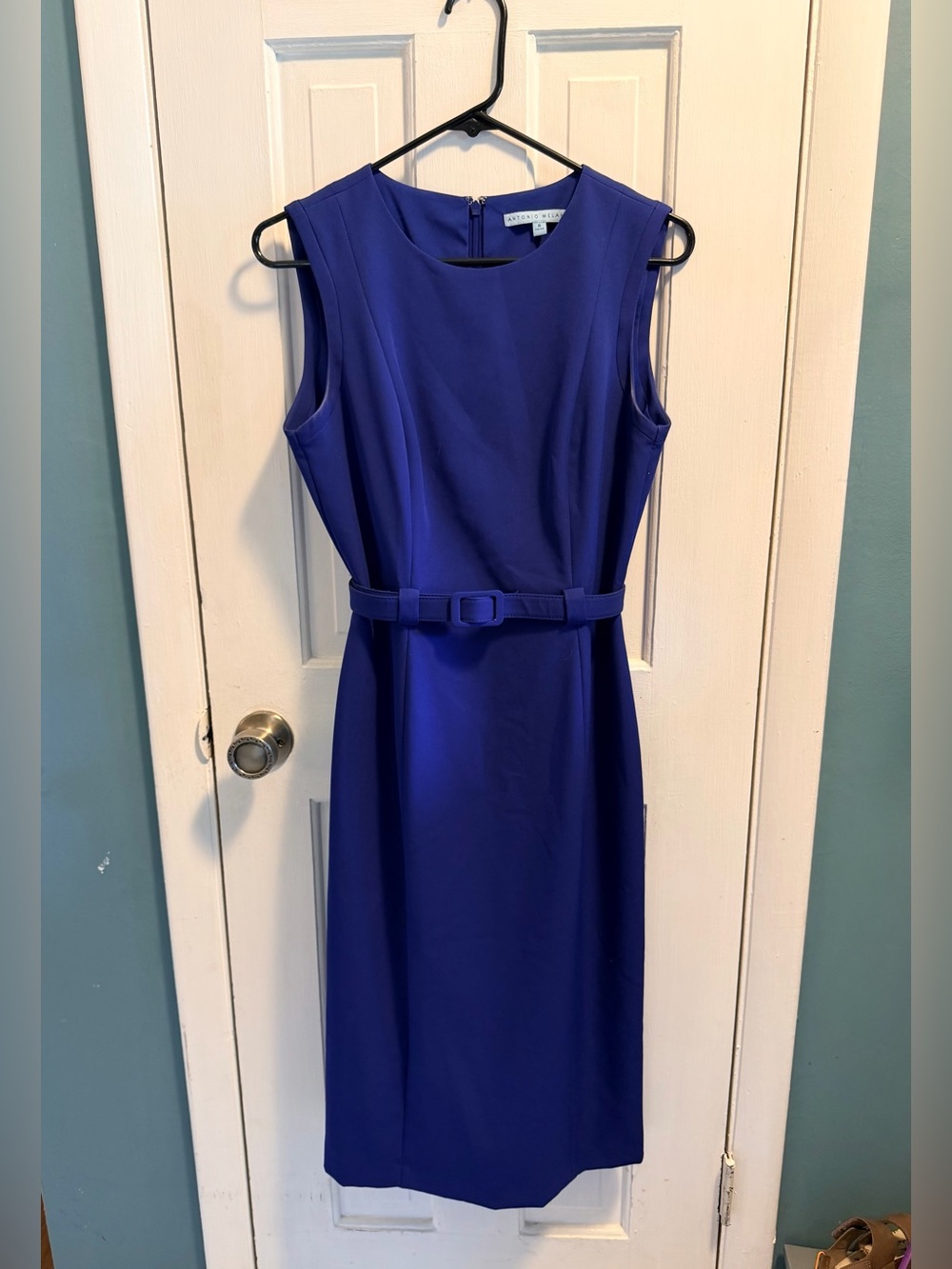 Antonio Melani Cobalt Blue Sleeveless Belted Midi Sheath Dress Size 6